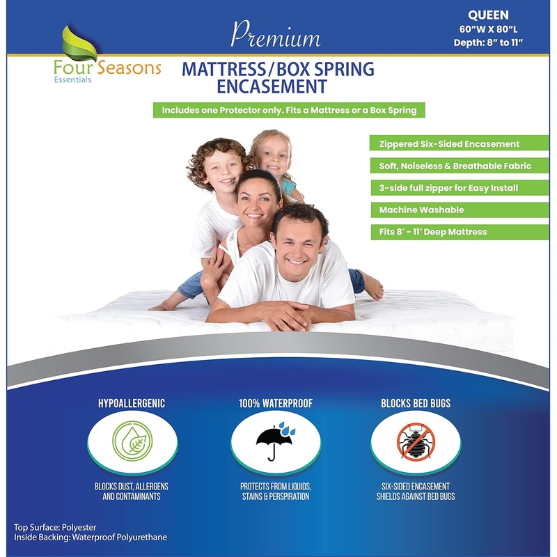 Queen Mattress or Box Spring Protector (8-11 Depth)  Zippered Waterproof Encasement Hypoallergenic Premium Quality Cover Protects from Dust