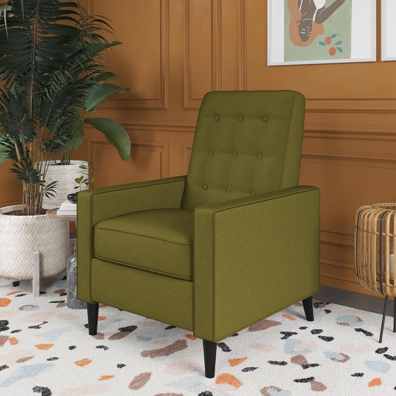 Queer Eye Wimberly Pushback Recliner, Mid-Century Modern Accent Chair, Olive Green Linen