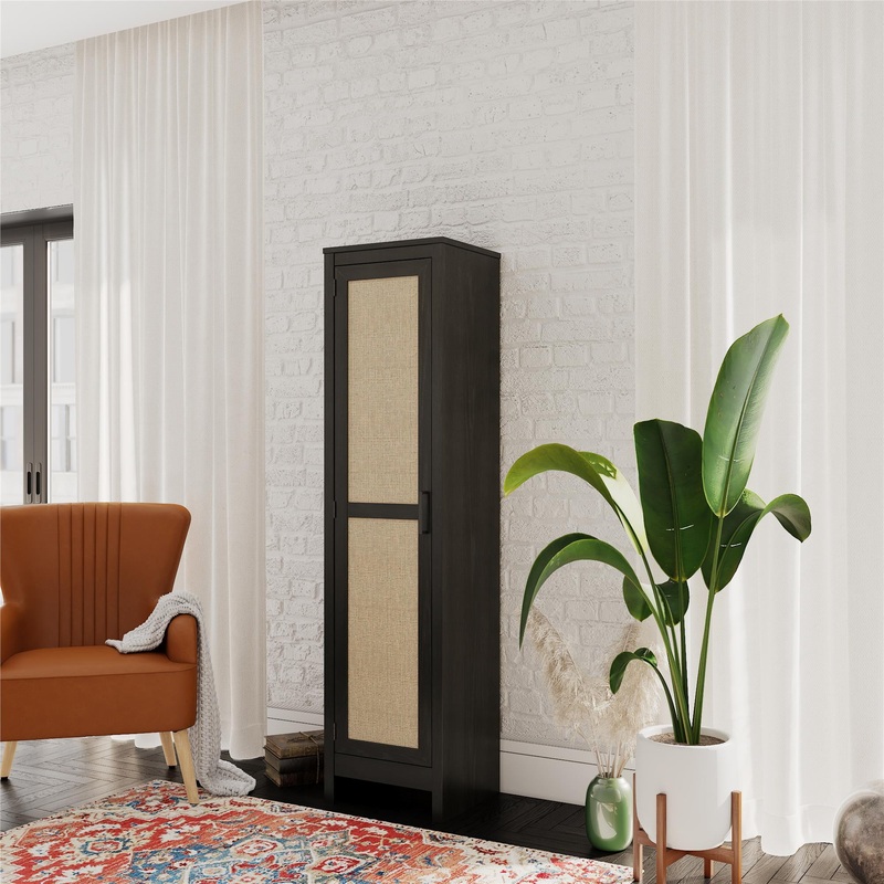 Queer Eye Wimberly Tall 1 Door Cabinet, Black Oak with Faux Rattan