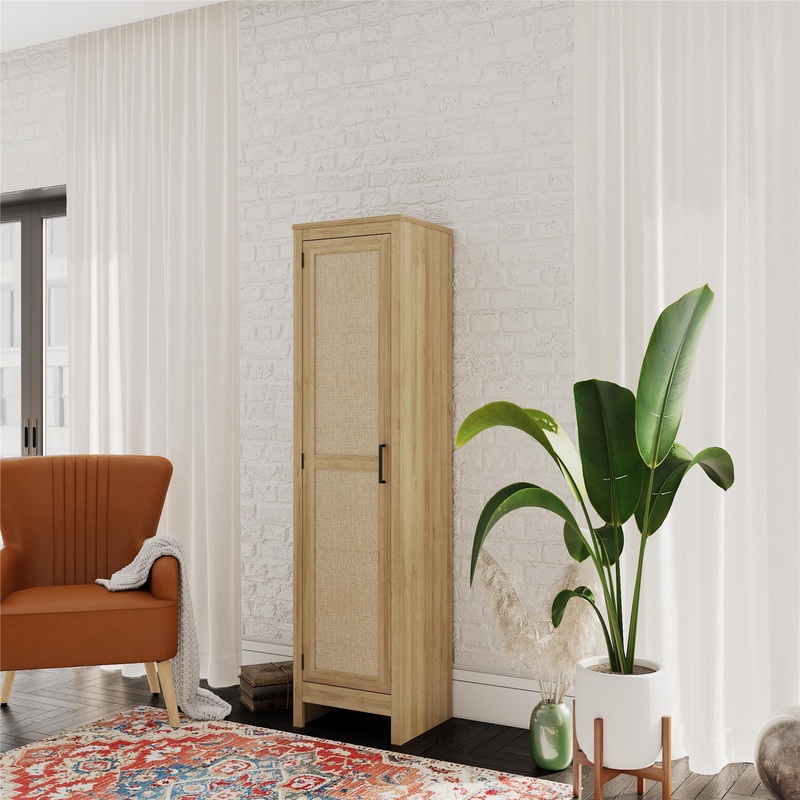 Queer Eye Wimberly Tall 1 Door Cabinet, Natural with Faux Rattan