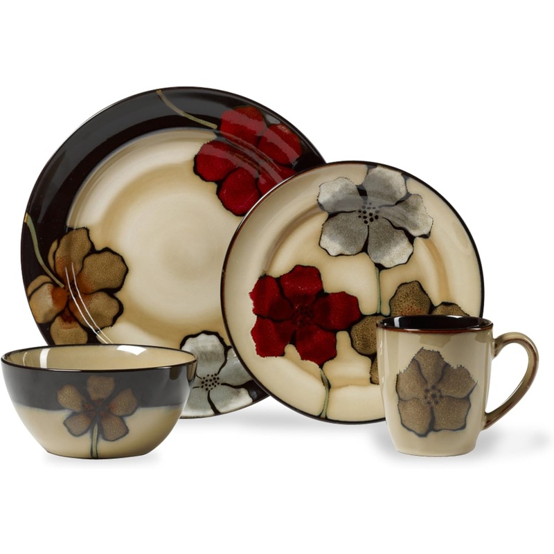 Pfaltzgraff Painted Poppies 16-Piece Stoneware Dinnerware Set, Service for 4, Tan/Assorted