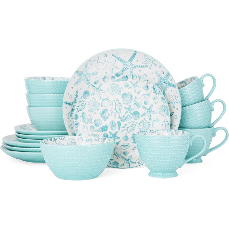 Pfaltzgraff Venice 16-Piece Stoneware Dinnerware Set, Service for 4, Aqua/White