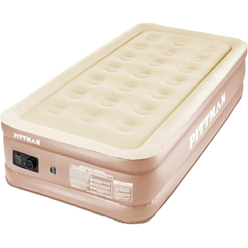 Pittman Outdoors Comfort Series Indoor Air Mattress with Built-in Electrical Air Pump, Twin 18-Inches Tall, Tan