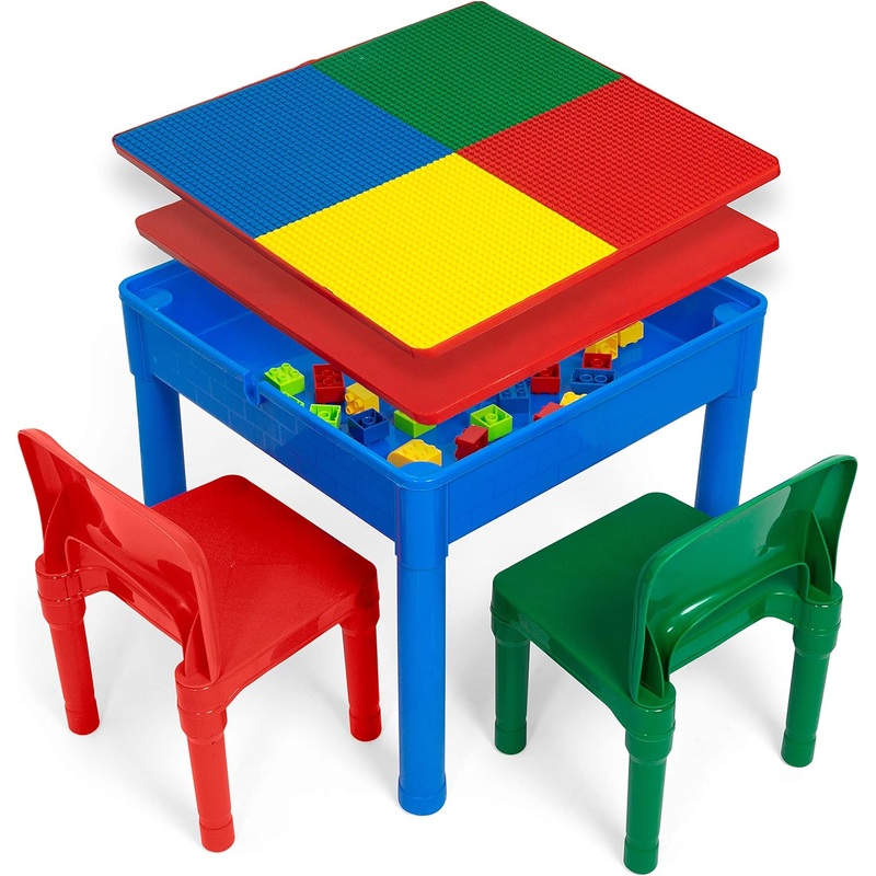 Play Platoon 5 in 1 Kids Activity Table and Chair Set- Stem Table for Toddlers with Water Table, Building Block Table, Craft & Sensory Table for Toddlers with 2 Chairs & 25 XL Blocks Primary Colors