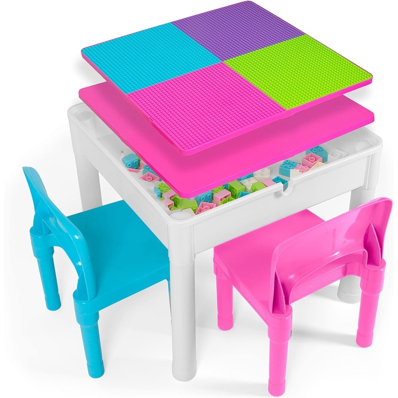 Play Platoon 5 in 1 Kids Sensory Activity Table and Chair Set- Toddler Table and Chairs with Water Table, Building Block Table, Craft & Sensory Table for Toddlers with 2 Chairs & 25 XL Blocks, Pastel