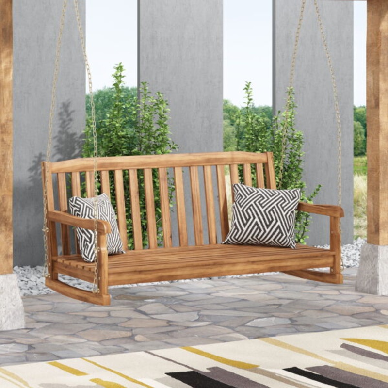 Pochelon Acacia Wood Outdoor Hanging Porch Swing, Teak