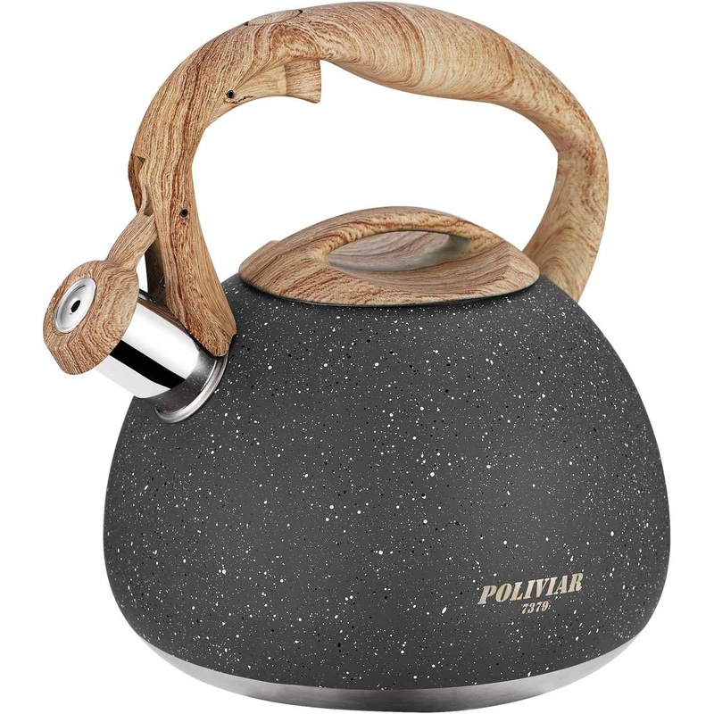 POLIVIAR Tea Kettle, 2.7 Quart Natural Stone Finish with Wood Pattern Handle Loud Whistle Food Grade Stainless Steel Teapot, Anti-Hot Handle and Anti-Rust, Suitable for All Heat Sources (JX2018-GR20)