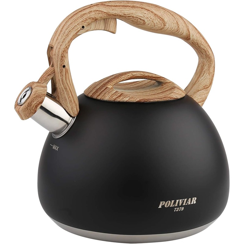 POLIVIAR Tea Kettle, Black Ti Stovetop Tea Kettle 2.7 Quart , Audible Whistling Teapot, Food Grade Stainless Steel for Anti-Rust and Anti Hot Handle, Suitable for All Heat Sources (JX2018-WB20)