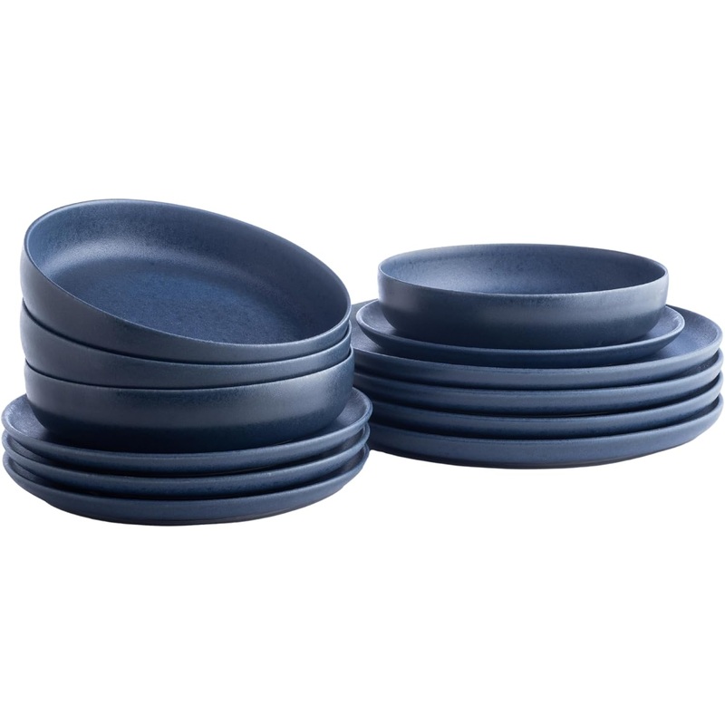 Porto by Stone Lain Macchio 12-Piece Dinnerware Set Stoneware, Blue Matte, Crafted in Portugal, Scratch-Resistant