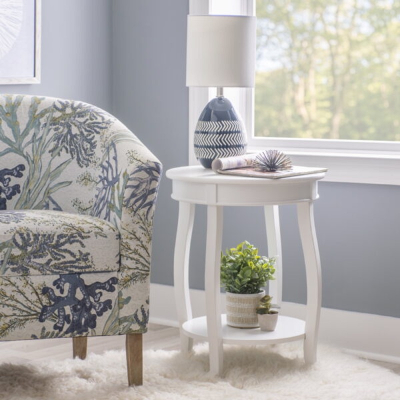 Powell Round Indoor Accent Side Table with Shelf, 24 Tall, White