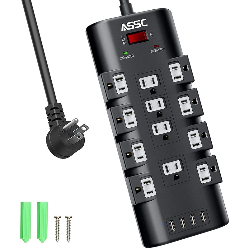 Power Strip, ASSC Surge Protector with 12 AC Outlets & 4 USB Ports, (1875W/15A), Black