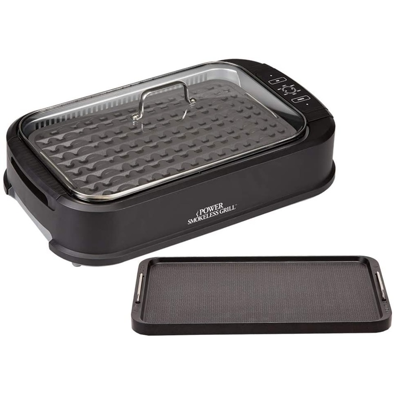 Power XL Smokeless Electric Indoor Removable Grill and Griddle Plates, Nonstick Cooking Surfaces, Glass Lid, 1500 Watt, 21X 15.4X 8.1, black