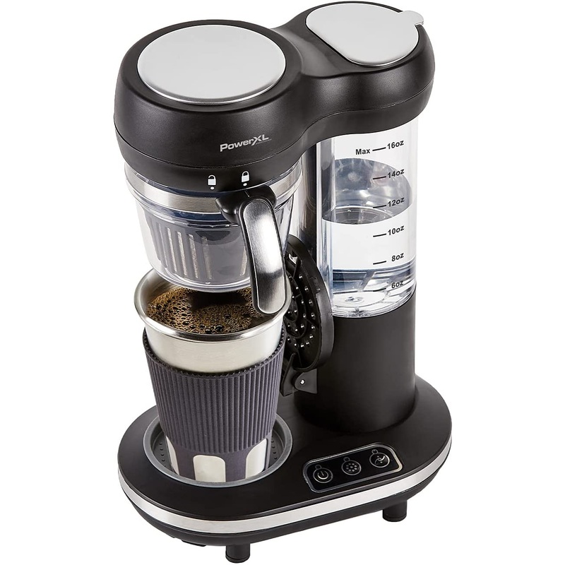 PowerXL Grind & Go, Automatic Single Serve Coffee Maker with Grinder Built-in and 16 oz. Travel Mug, Single Cup Drip Coffee Machine, Stainless Steel Blades, CL-004, Black