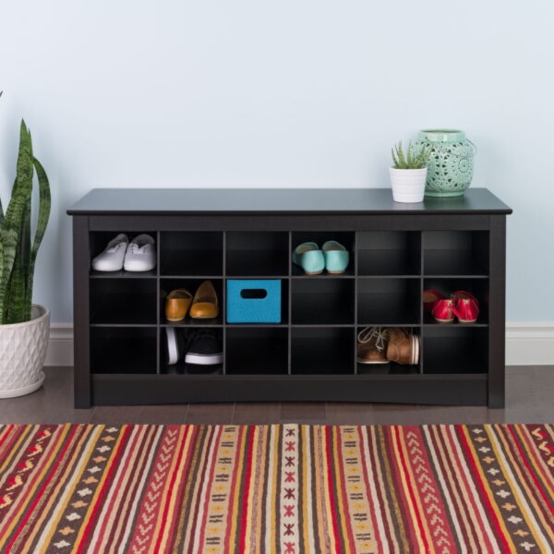 Prepac 3 Tier Entryway Storage Cubby Bench Shoe Rack, Wood, Black