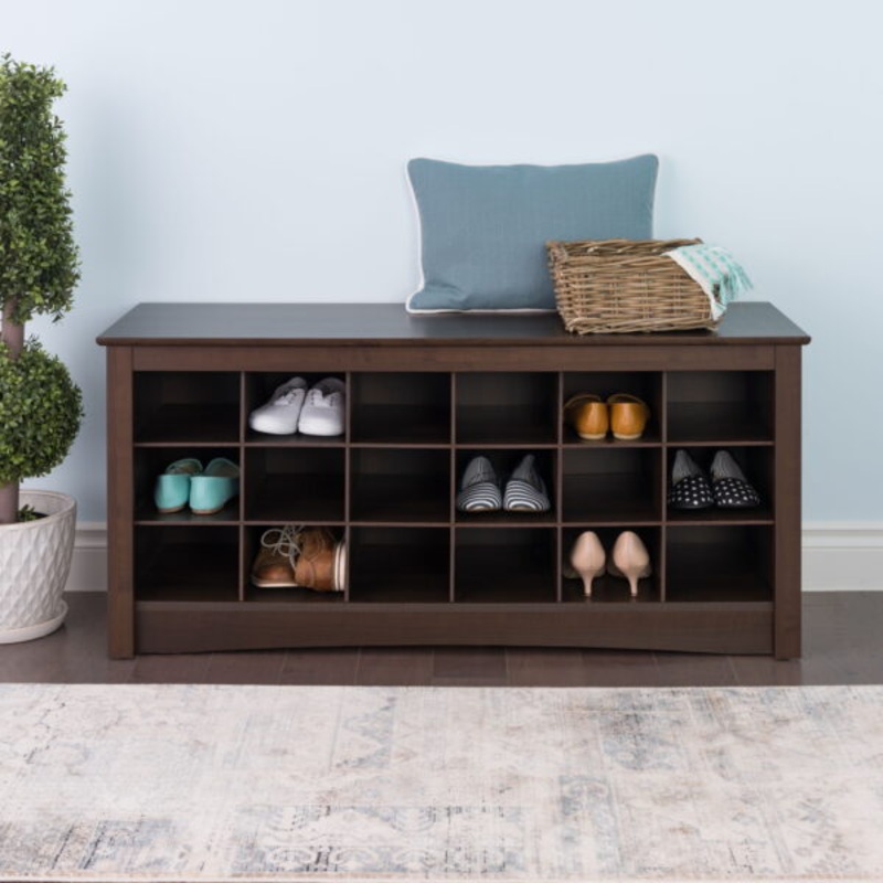 Prepac 3-Tier Storage Cubby Bench Shoe Rack, Wood, Brown