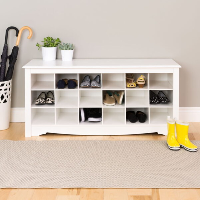 Prepac Entryway Shoe Storage Cubby Bench, White 18 Pair