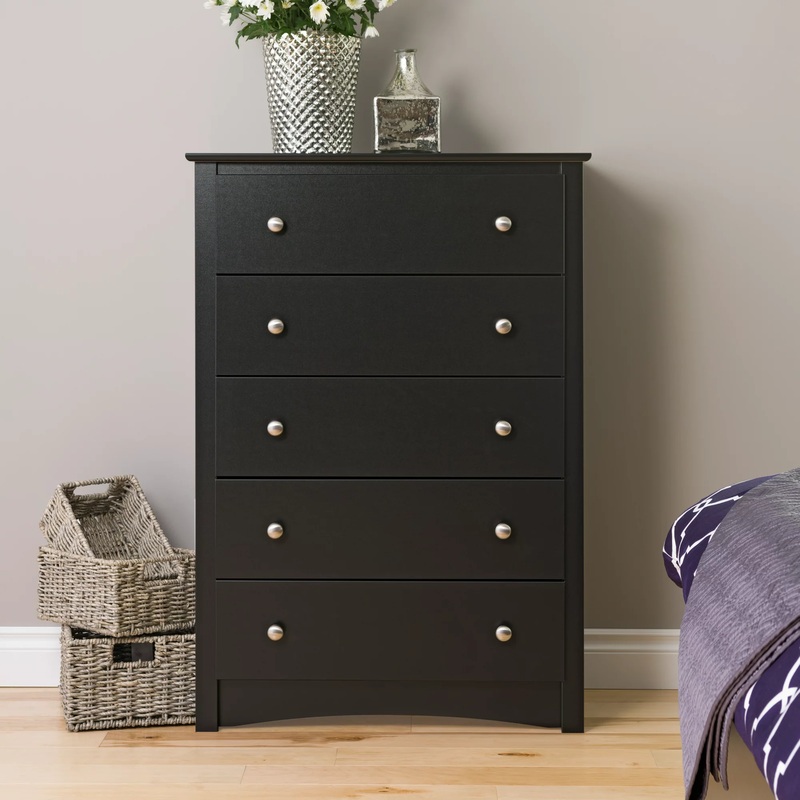 Prepac Sonoma 5 Drawer Wooden Dresser Chest, 16 x 31.5 x 45.25, Black