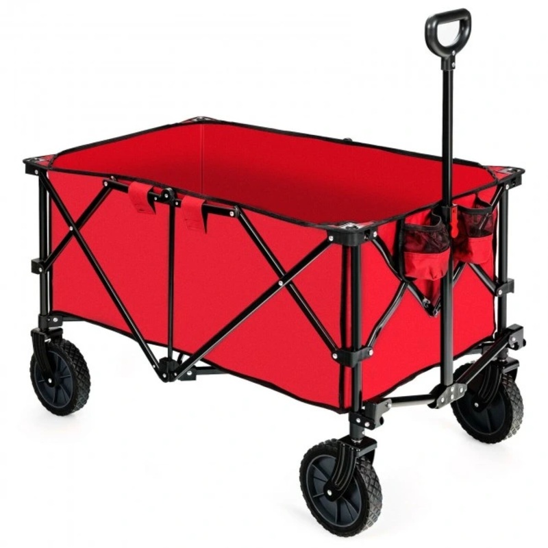 Outdoor Folding Wagon Cart, Red, 11 x 9.5 x 24.5  with Adjustable Handle and Universal Wheels