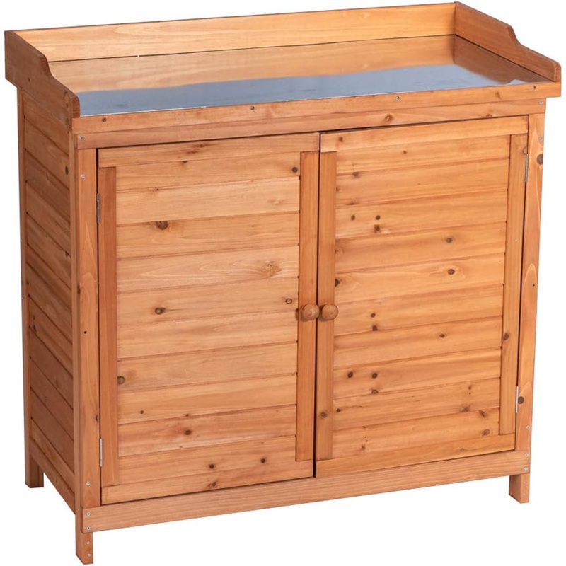 Outdoor Garden Patio Wooden Storage Cabinet Furniture Waterproof Tool Shed with Potting Benches Outdoor Work Station Table (Natural)