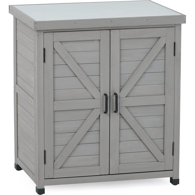 Outdoor Potting Bench with Storage Cabinet and Metal Top, Wood Workstation for Outdoor Patio, Garden