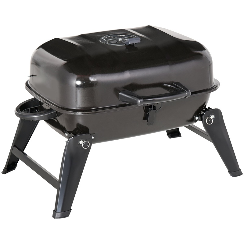 Outsunny 14 Portable Charcoal Grill, Tabletop Small BBQ Grill for Outdoor Cooking, Camping, Tailgating, Enamel Coated, Vent, Folding Legs, Black