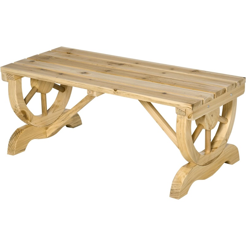 Outsunny 2-Person Wooden Garden Bench, Outdoor Wagon Wheel Porch Bench for Backyard Garden, Support 550 LBS, Rustic Country Style Patio Furniture, Natural