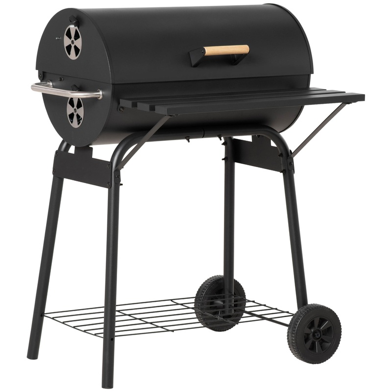 Outsunny 30 Portable Barrel Charcoal BBQ Grill with 4-Position Adjustable Charcoal Rack, Carbon Steel Outdoor Barbecue Smoker with Storage Shelf, Wheel, for Garden Camping Picnic