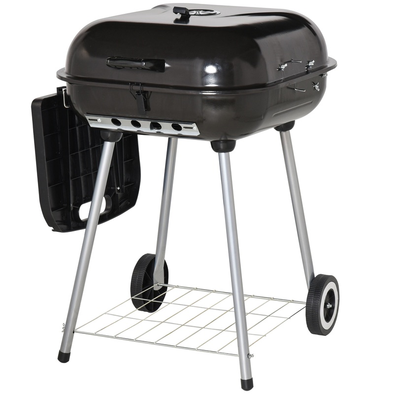 Outsunny 38 Steel Charocal Grill with Portable Wheel, Side Tray and Lower Shelf for Outdoor BBQ for Garden, Backyard, Poolside