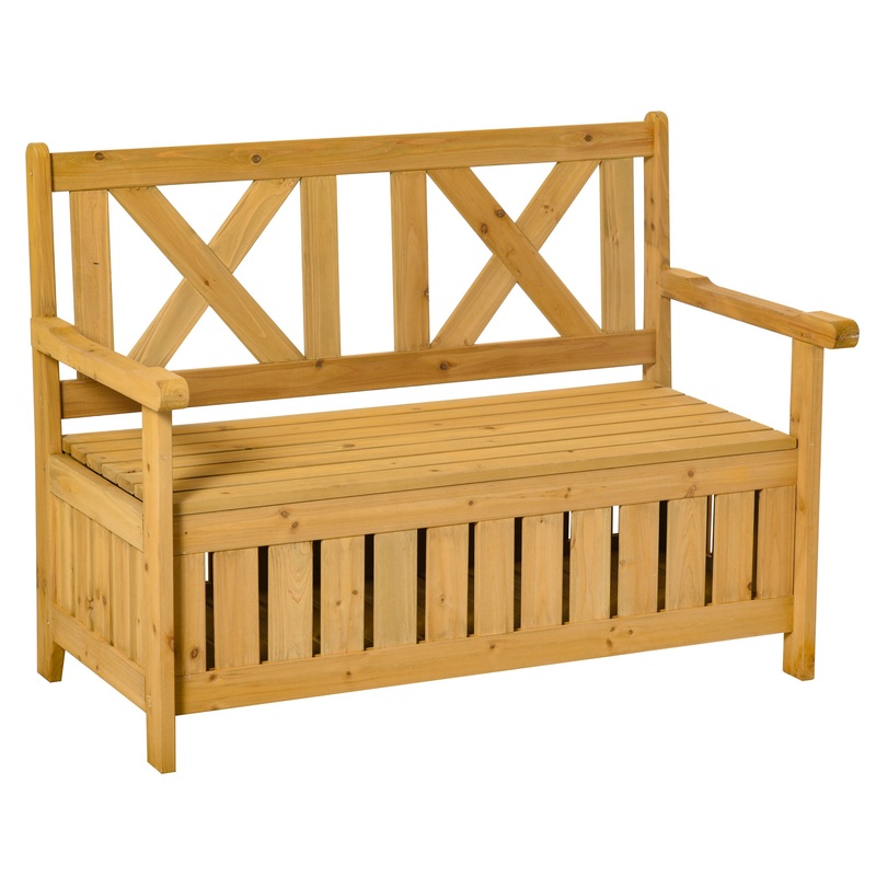 Outsunny 45.25 Patio Loveseat Wooden Bench for Two Person, 29 Gallon Outdoor Storage Bench, Large Entryway Deck Box w/ Unique X-Shape Back, for Deck, Porch & Balcony, Yellow