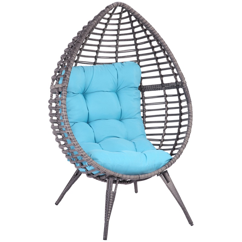 Outsunny Egg Chair w/ Soft Cushion, Teardrop Cuddle Seat, Outdoor / Indoor, PE Plastic Rattan Furniture, Adjustable Height, Light Blue