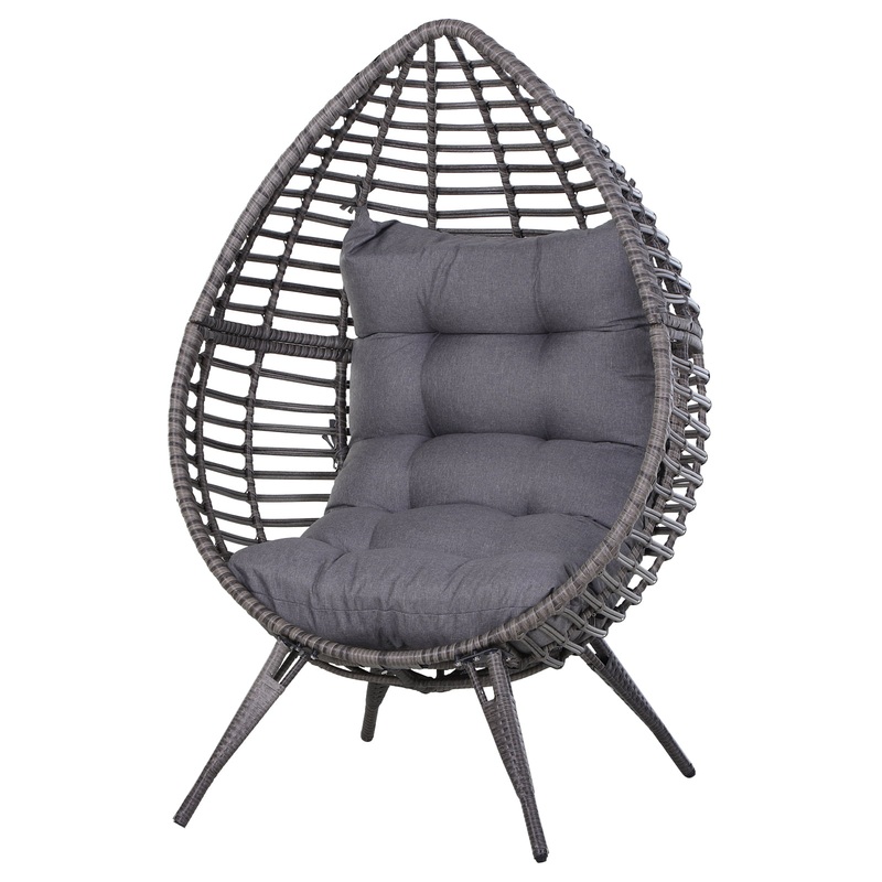 Outsunny Patio Wicker Egg Chair w/ Soft Cushion, Teardrop Cuddle Seat, Outdoor / Indoor Patio Chair, PE Plastic Rattan Furniture with Adjustable Height Feet Pads, Beige
