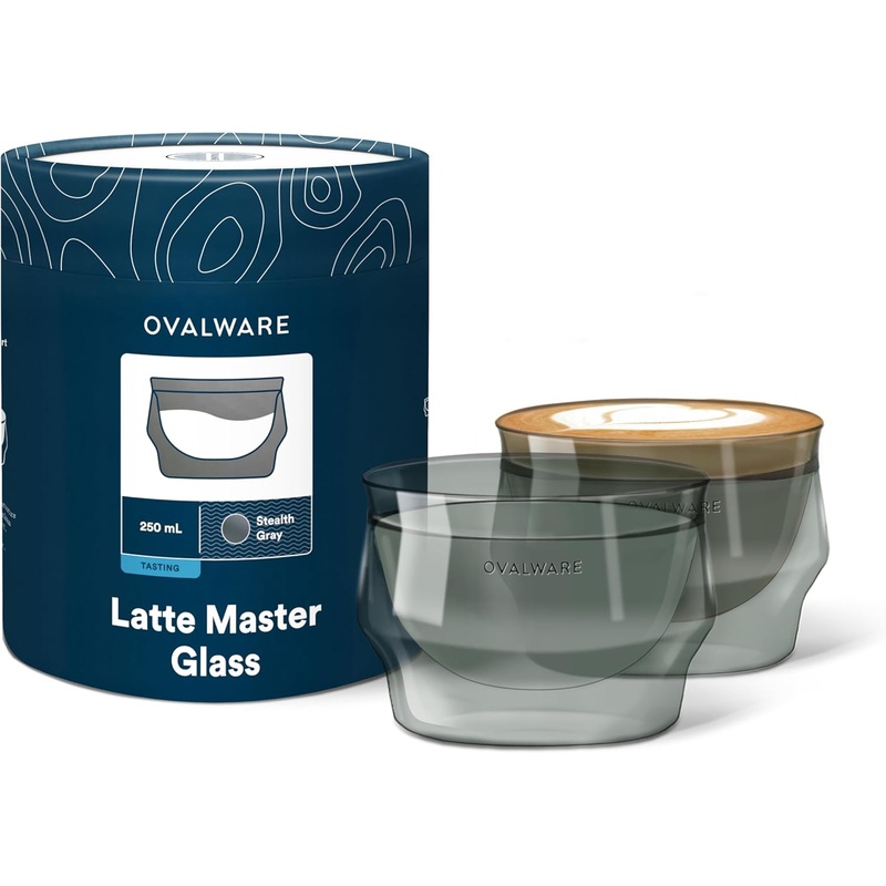 ovalware 8.5oz Double Wall Latte Cups, Latte Set of 2  Latte Glasses for Cold & Hot Drink, Palm Sized Latte Glass Cups with Wide Rim for Latte Art  Clear Glass
