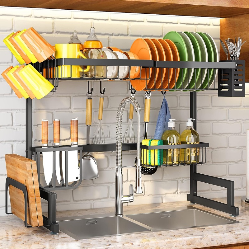 Over The Sink Dish Drying Rack, Adjustable (26.8 to 34.6) Large Dish Drying Rack for Kitchen Counter with Multiple Baskets Utensil Sponge Holder Sink Caddy, 2 Tier Black