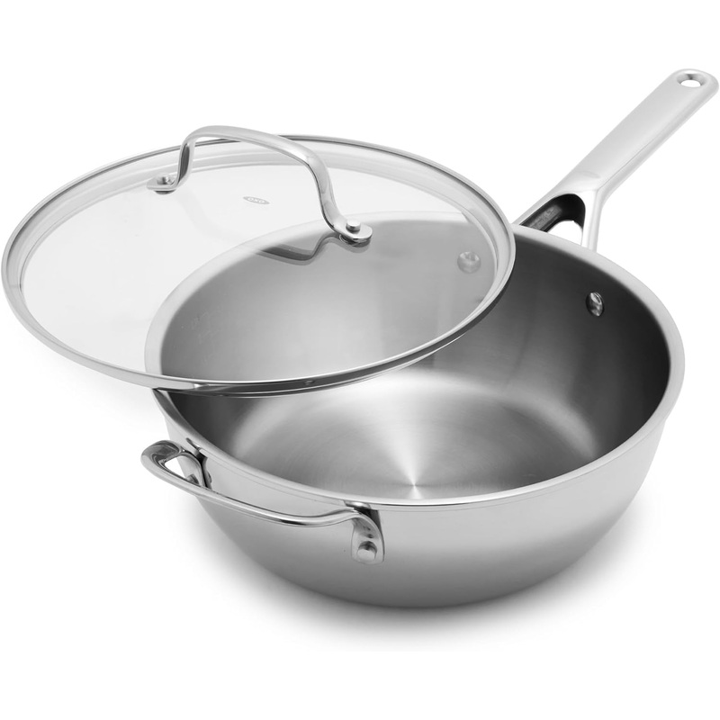 OXO Agility Tri-Ply Stainless Steel 3.57QT Chefs Pan with Lid, Induction Suitable Cookware, Ultra-Durable, Quick Even Heating, Measurement Markings, Pouring Rim, Lightweight, Dishwasher and Oven Safe