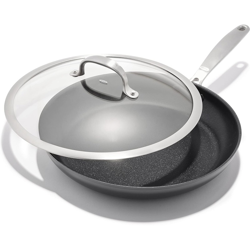 OXO Enhanced, 12 Frying Pan Skillet with Lid, Healthy Ceramic Nonstick, PFAS-Free, Stainless Steel Handle, Dishwasher Safe, Oven Safe, Black