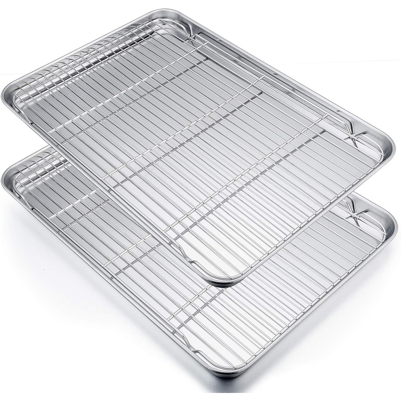 P&P CHEF Extra Large Baking Sheet and Cooking Rack Set, Stainless Steel Cookie Half Sheet Pan with Grill Rack, Rectangle 19.6×13.5×1.2, Oven & Dishwasher Safe, 4 Piece (2 Pans+2 Racks)