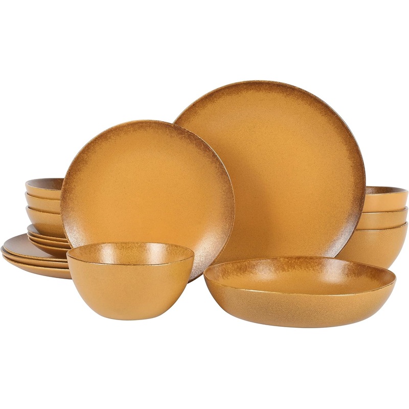 Palermo Sun Double Bowl Stoneware Reactive Glaze Plates and Bowls Dinnerware Set  Tumeric Yellow, Service for Four (16pcs)