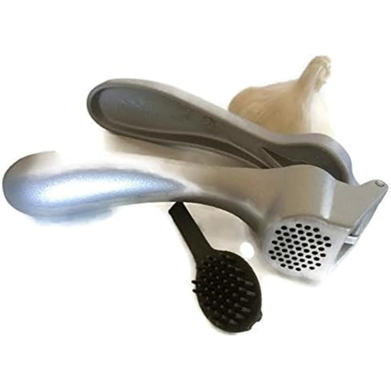 Pampered Chef Garlic Press 2575  Easy Squeeze, Rust Proof, Ergonomic Handle  Professional Garlic Mincer & Ginger Press with Handy Cleaning Brush