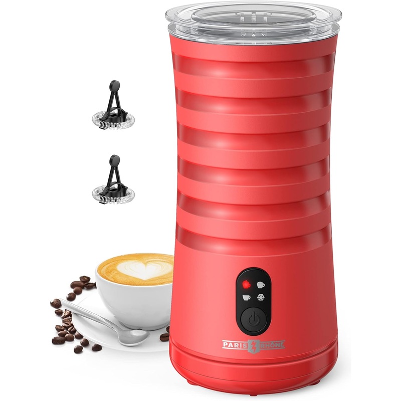 Paris Rhne Milk Frother, 4-in-1 Milk Frother and Steamer, Non-Slip Stylish Design, Hot & Cold Milk Steamer with Temperature Control, Auto Shut-Off Frother for Coffee, Latte, Cappuccino, Macchiato, Red