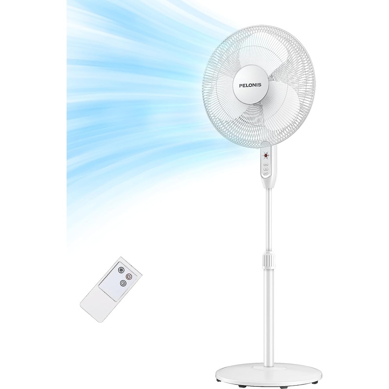 PELONIS 16 Pedestal Remote Control Oscillating Stand Up Fan 7-Hour Timer, 3-Speed, and Adjustable Height,Electric Cooling Fans for Home Office Bedroom Use, White