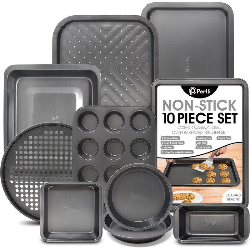 Perlli Baking Pan 10 Piece Set Nonstick Carbon Steel Gray Oven Bakeware Kitchen Set, 2 Cookie Sheets, 2 Round Cake Pans, Square Pan, Roasting Pan, Loaf Pan, Crisp Pan, Pizza Crisper, & Muffin Pan