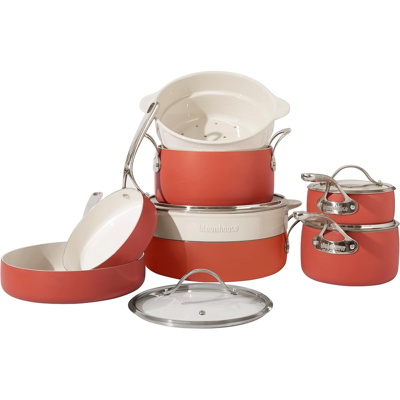 Oprahs Favorite Things  12 Piece Aluminum Pots and Pans Cookware Set w/Non-toxic Ceramic Non-stick, Ceramic Steamer Insert, & 12 Protective Care Bags  Periwinkle Blue