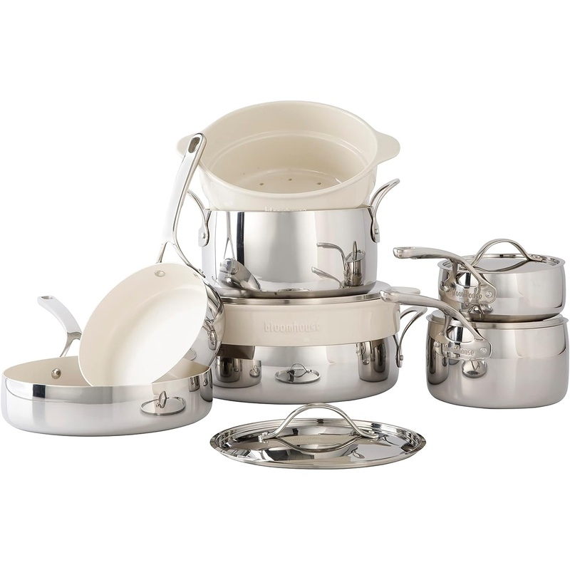 Oprahs Favorite Things  12 Piece Triply Stainless Steel Pots and Pans Cookware Set w/Non-Stick Non-Toxic Ceramic Interior, Ceramic Steamer Inserts, & 12 Protective Care Bags