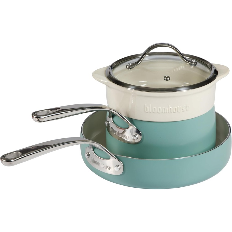 Oprahs Favorite Things  4-Piece Heavy-Gauge Aluminum Pots and Pans Cookware Set w/Non-Stick Non-Toxic Ceramic Interior and Ceramic Steamer Insert Oat White