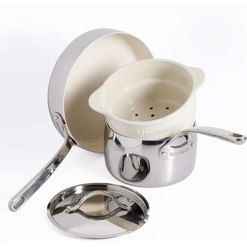 Oprahs Favorite Things  4-Piece Triply Stainless Steel Pots and Pans Cookware Set w/Non-Stick Non-Toxic Ceramic Interior and Ceramic Steamer Insert