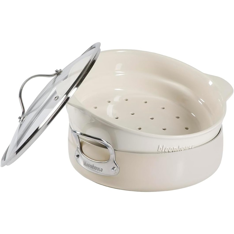 Oprahs Favorite Things  6-QT Aluminum Enamel Everyday Pan w/Non-Stick Non-Toxic Ceramic Interior and Ceramic Steamer Insert  Oat White