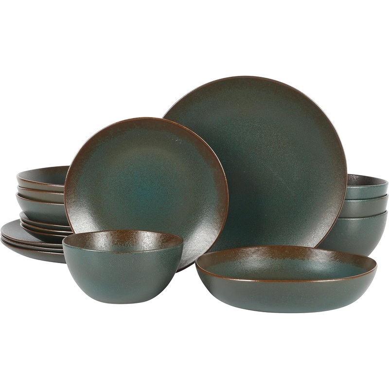 Oprahs Favorite Things  Palermo Sun Double Bowl Stoneware Reactive Glaze Plates and Bowls Dinnerware Set  Agave Blue, Service for Four (16pcs)
