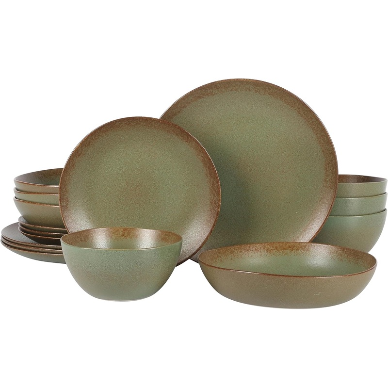 Oprahs Favorite Things  Palermo Sun Double Bowl Stoneware Reactive Glaze Plates and Bowls Dinnerware Set  Cardamom Green, Service for Four (16pcs)