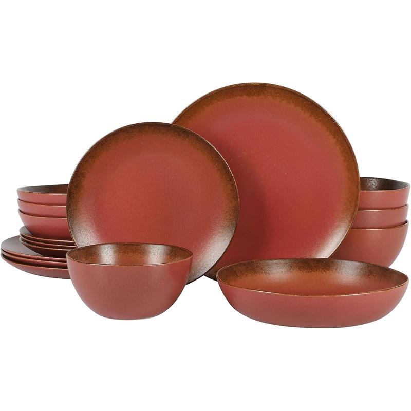 Oprahs Favorite Things  Palermo Sun Double Bowl Stoneware Reactive Glaze Plates and Bowls Dinnerware Set  Paprika Red, Service for Four (16pcs)