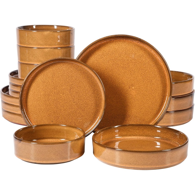 Oprahs Favorite Things  Santorini Mist Double Bowl Terracotta Reactive Glaze Plates and Bowls Dinnerware Set  Amber, Service for Four (16pcs)